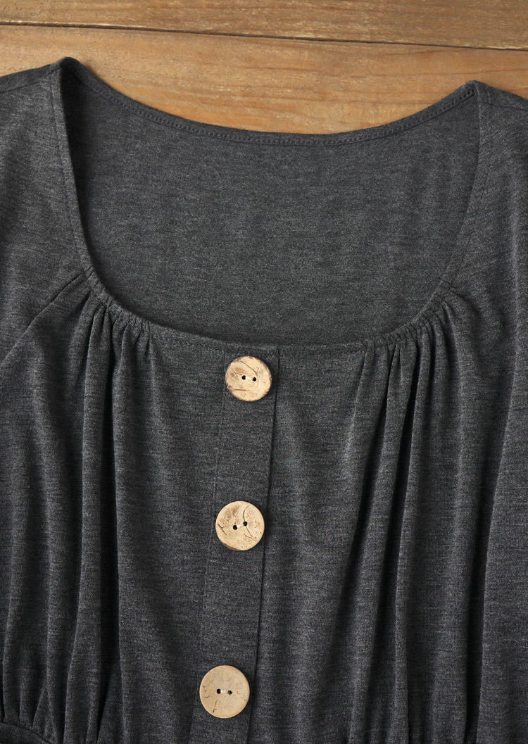 Button Ruffled Long Sleeve Mini Dress - Dark Grey