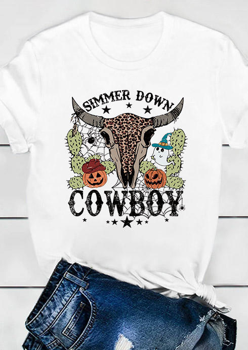 

Simmer Down Cowboy Leopard Pumpkin Face T-Shirt Tee - White, SCM020734