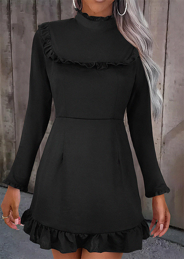Ruffled Long Sleeve Stand Collar Mini Dress - Black