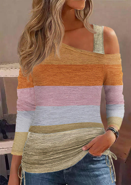 

Color Block Drawstring One Sided Cold Shoulder Blouse, Multicolor, SCM020217