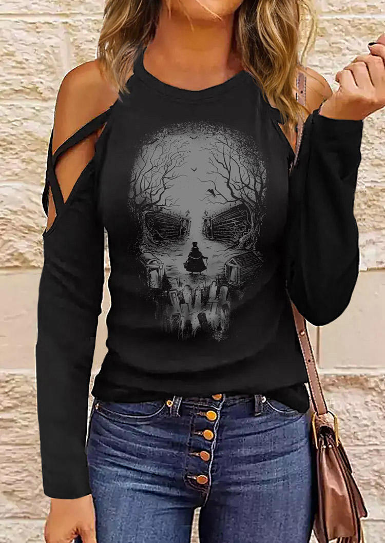 

Halloween Skull Silhouette Criss-Cross Cold Shoulder O-Neck Blouse - Black, SCM020526
