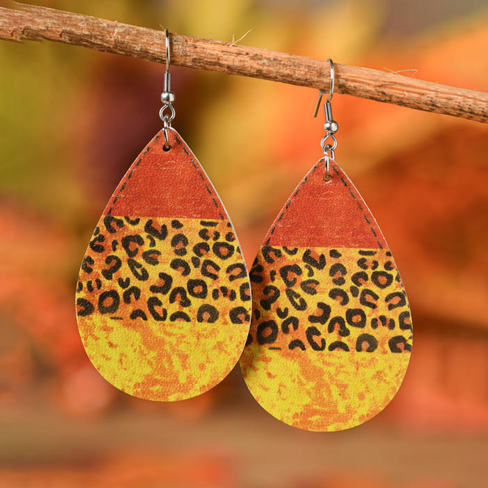 Leopard Color Block Leather Water Drop Earrings