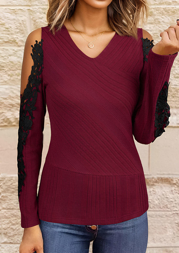 

Lace Splicing Cold Shoulder V-Neck Blouse - Burgundy, Red, SCM020663