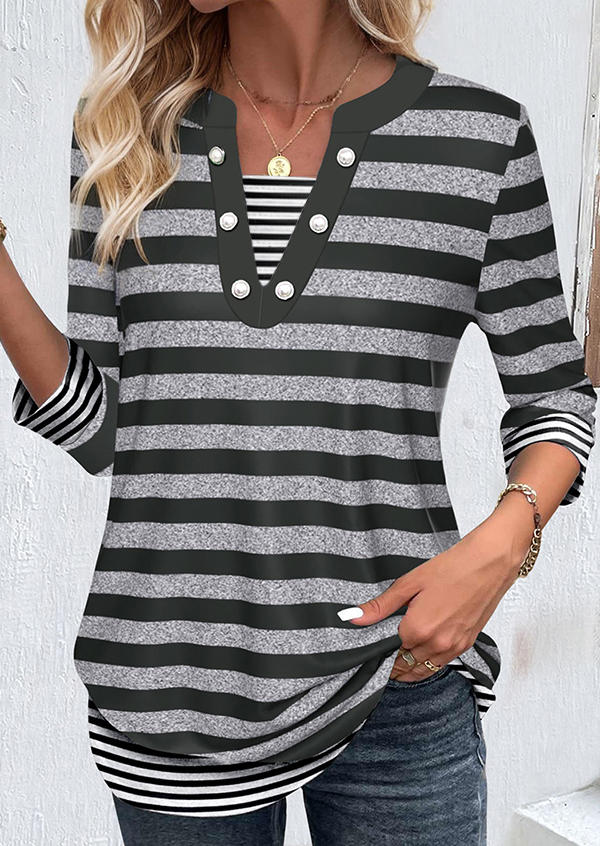 

Striped Button Long Sleeve Blouse, Multicolor, SCM020835