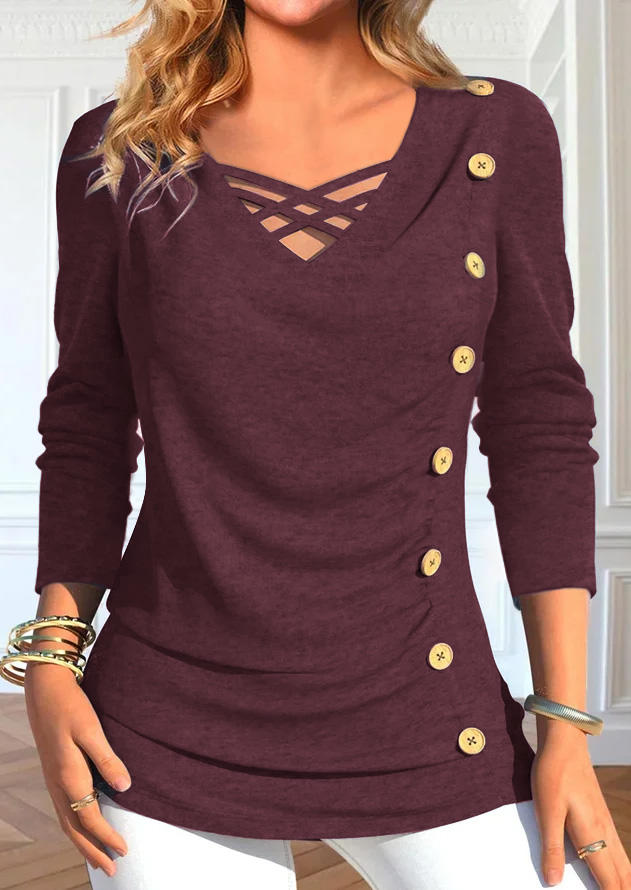 Criss-Cross Ruched Button Blouse - Burgundy