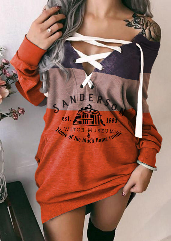 

Halloween Home Of The Black Flame Candle Color Block Lace Up Sweatshirt Dress, Multicolor, SCM020882
