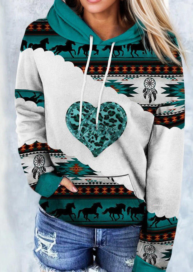 

Aztec Geometric Horse Drawstring Kangaroo Pocket Hoodie - Blue, SCM020588