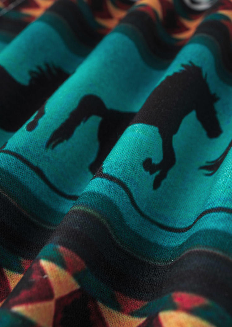 Aztec Geometric Horse Drawstring Kangaroo Pocket Hoodie - Blue