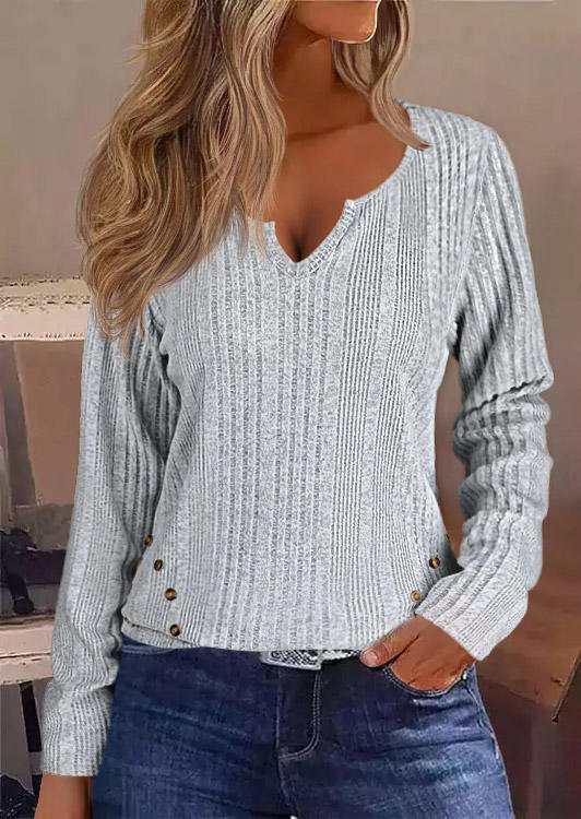 

Button Plain Notched Neck Long Sleeve Blouse - Light Grey, Gray, SCM020171