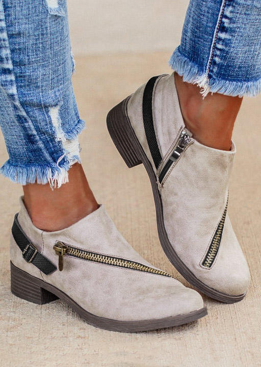 

Zipper Buckle Low Heels Pointed Toe Boots, White, SCM020381