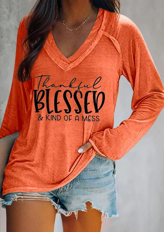 Thankful Blessed & Kind of A Mess Raglan Sleeve Blouse - Orange