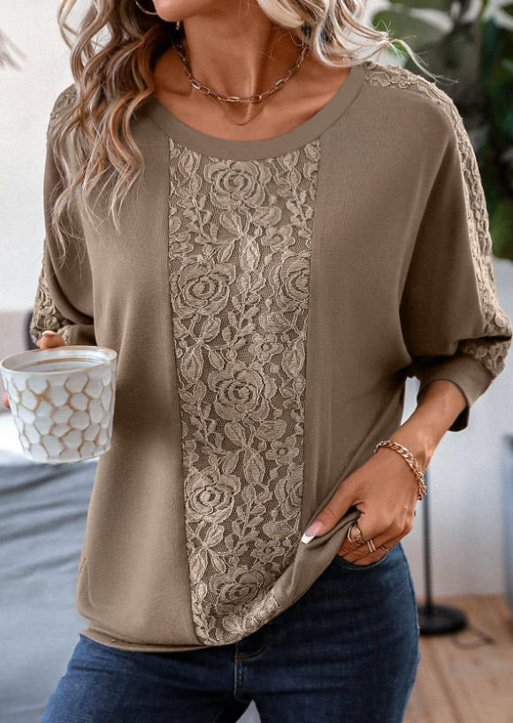 

Lace Splicing Three Quarter Sleeve O-Neck Sweatshirt - Khaki, SCM020599