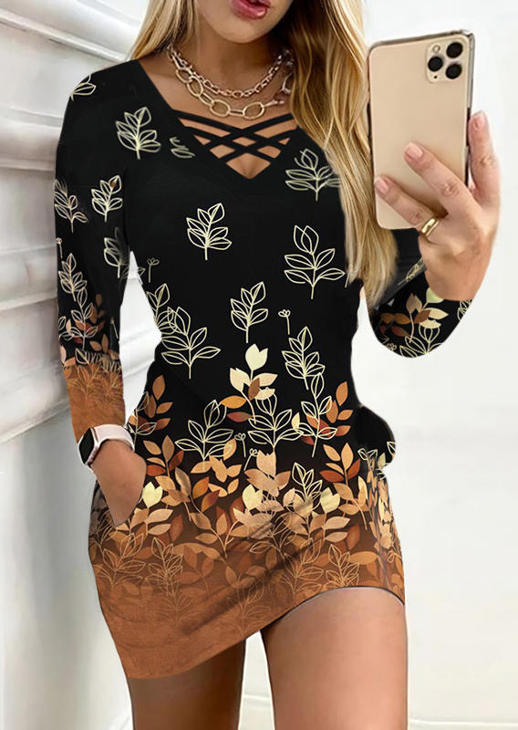 

Gradient Leaf Criss-Cross Pocket Mini Dress, Multicolor, SCM020640