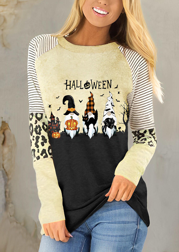 

Halloween Gnomies Pumpkin Face Plaid Leopard T-Shirt Tee, Multicolor, SCM020705