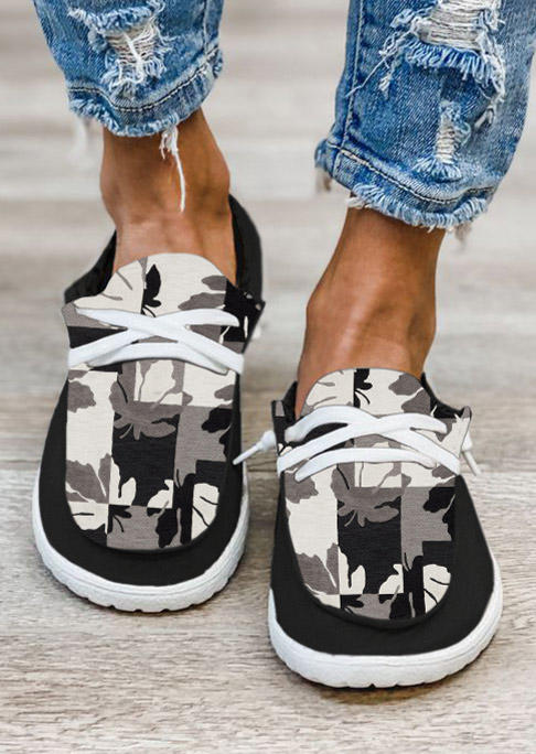 

Maple Leaf Color Block Round Toe Flat Sneakers - Black, SCM020825