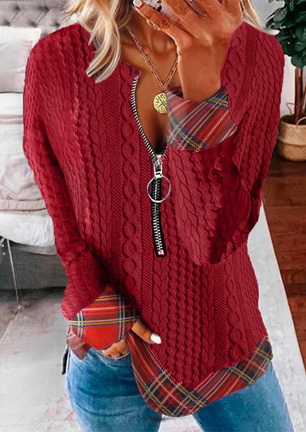 

Classic British Plaid Textured Zipper Collar Sweatshirt - Red, SCM020862