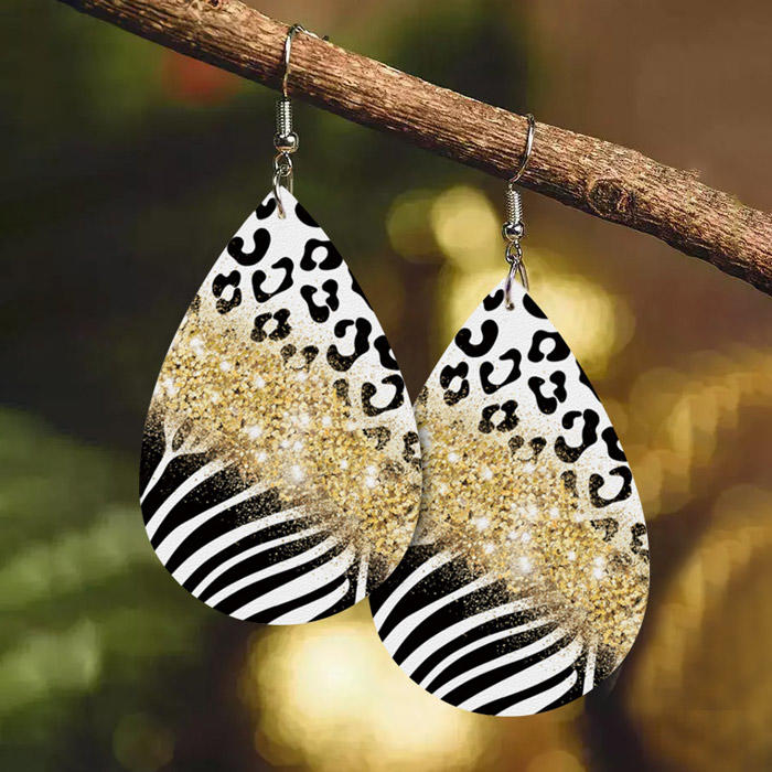 Zebra Striped Leopard Glitter Water Drop Earrings