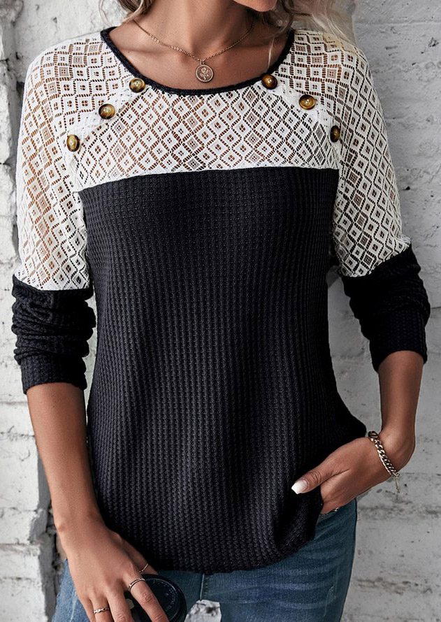 

Color-Blocked Lace Stitching Waffle Long Sleeve Blouse - Black, SCM020905