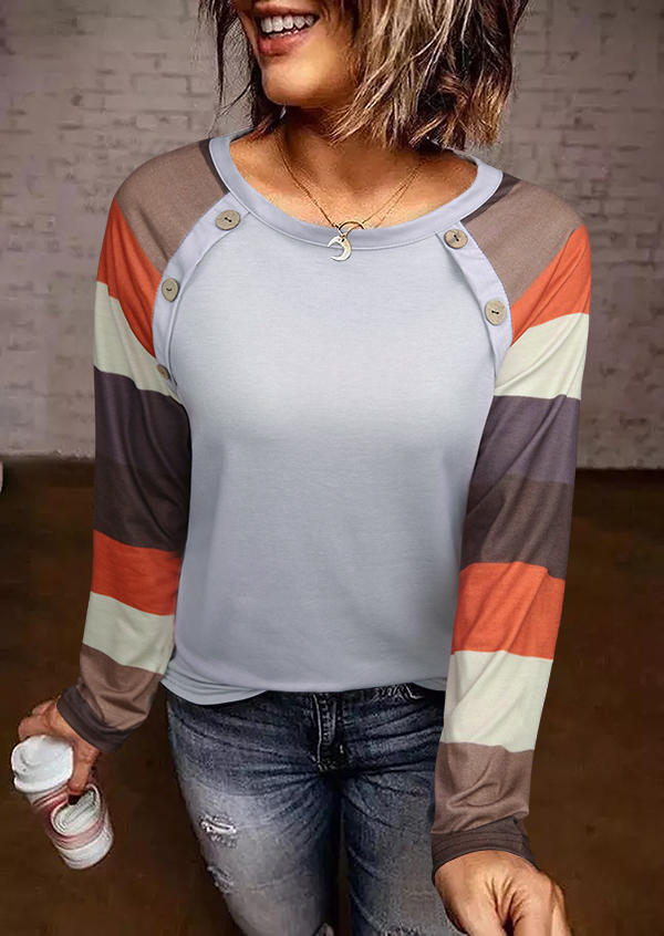 

Color Block Button Long Sleeve Blouse, Multicolor, SCM020503
