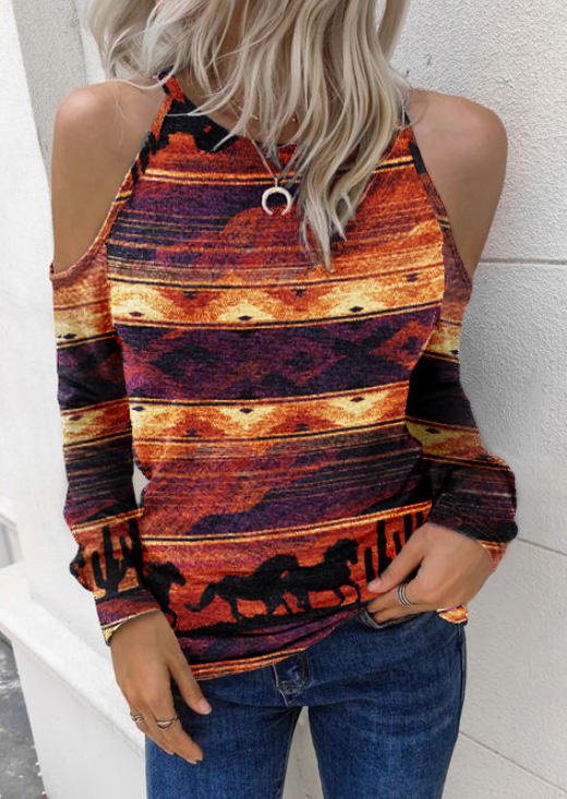 

Horse Galloping Western Cold Shoulder Blouse, Multicolor, SCM020618