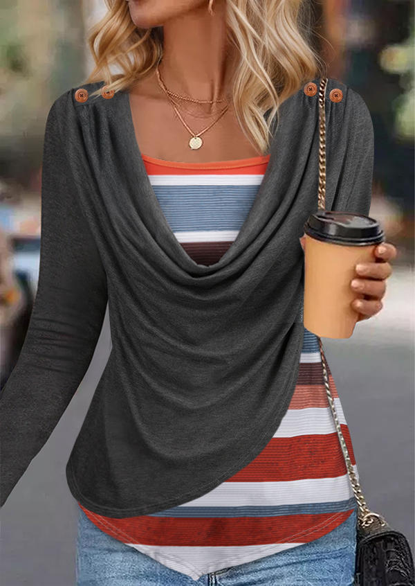 

Striped Color-Blocked Draped Button Asymmetric Hem Fake Two-Piece Blouse, Multicolor, SCM020656