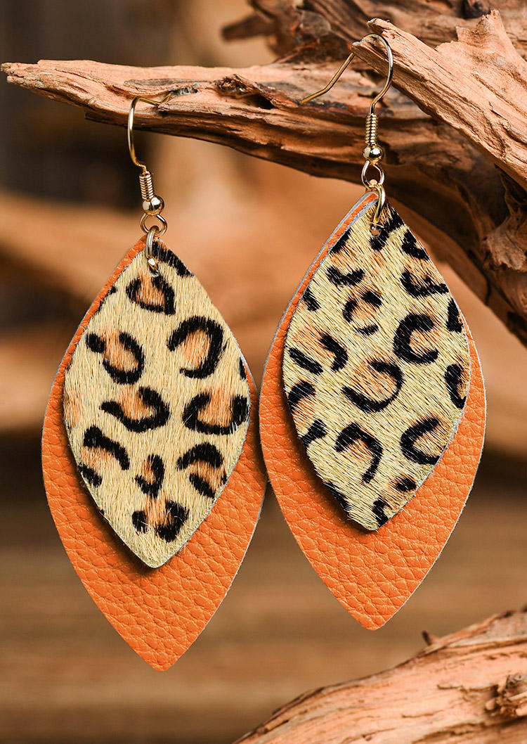 

Leopard Double-Layered PU Leather Earrings, Orange, SCM020694