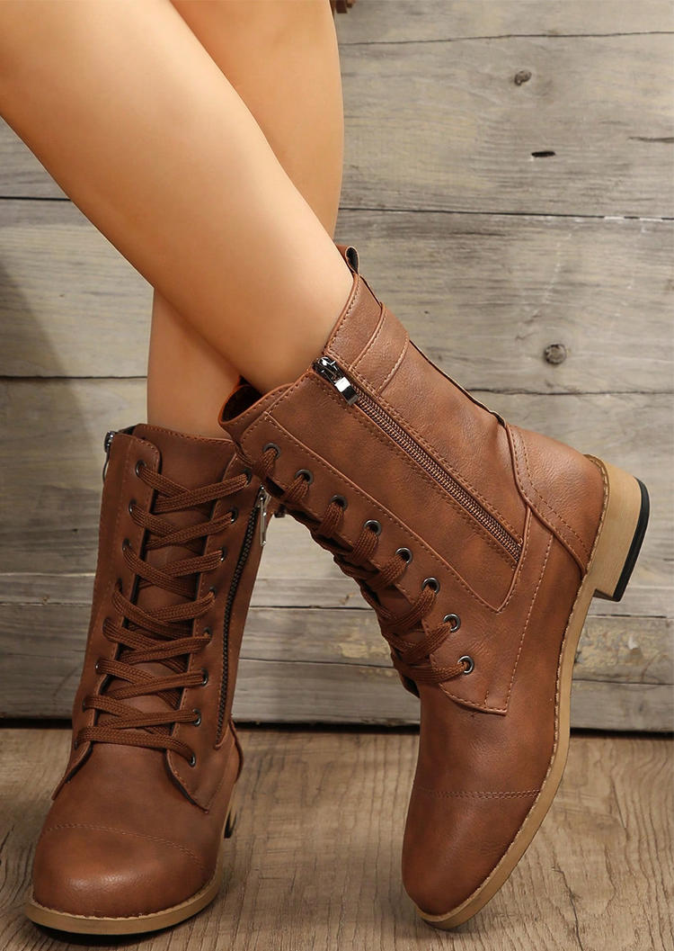 

Lace Up Zipper PU Leather Boots - Brown, SCM020761