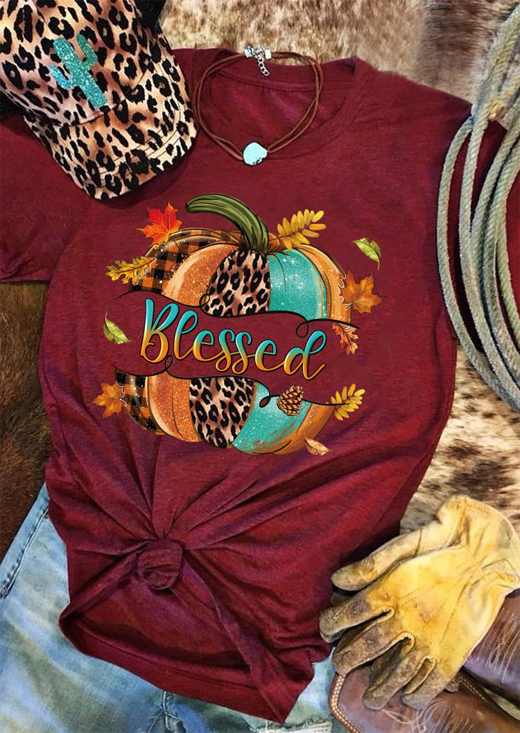 Blessed Pumpkin Maple Leaf T-Shirt Tee - Burgundy