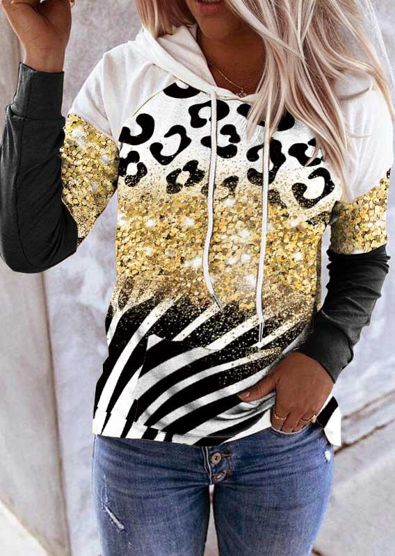 

Zebra Striped Leopard Glitter Kangaroo Pocket Hoodie, Multicolor, SCM020889