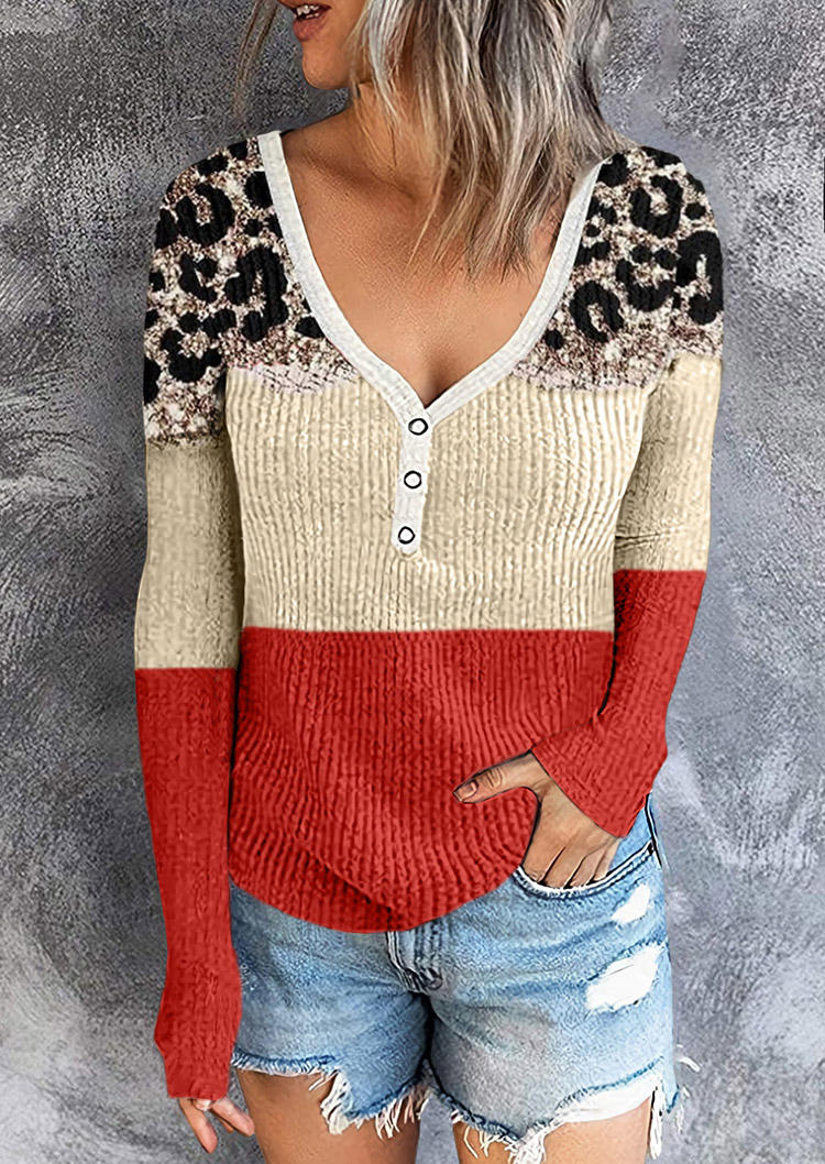 

Leopard Color-Blocked Snap Button Blouse, Multicolor, SCM020904