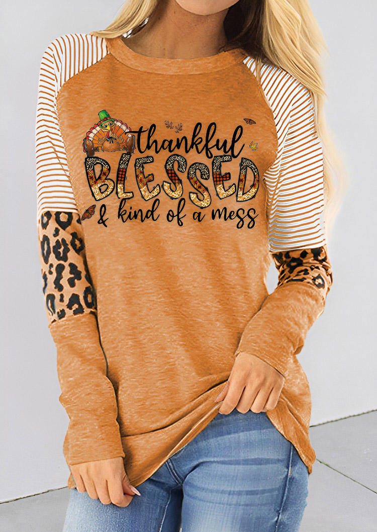 Thankful Blessed And Kind Of A Mess Leopard Striped T-Shirt Tee - Orange