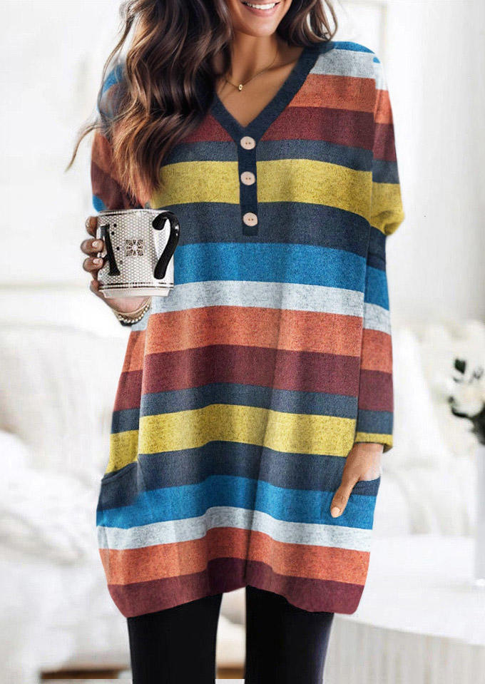 Striped Color-Blocked Pocket Button Mini Dress