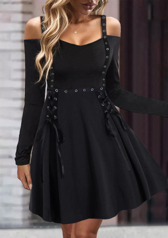 

Lace Up Eyelet Cold Shoulder Mini Dress - Black, SCM020804