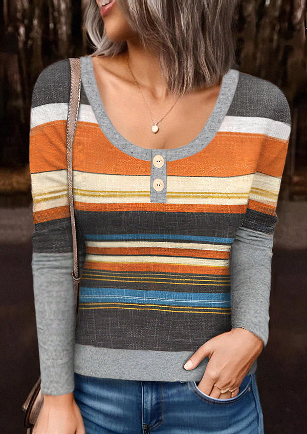 

Autumn Colorful Striped Trendy Long Sleeve Blouse, Multicolor, SCM020817