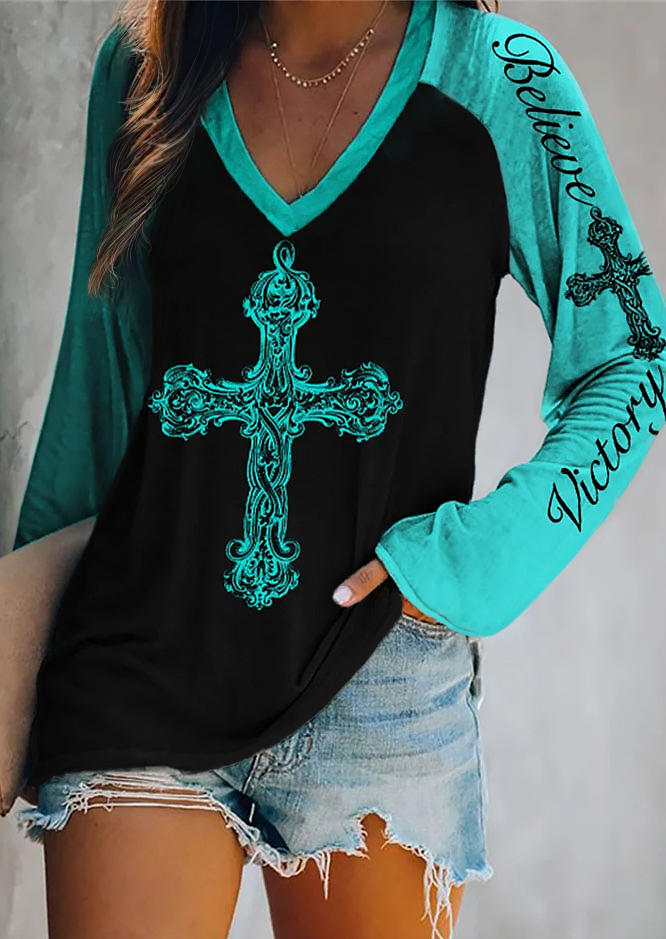 

Believe Victory Cross V-Neck Blouse - Cyan, Blue, SCM020834