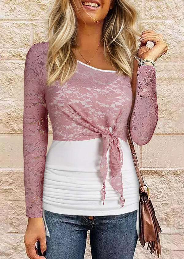 

Lace Stitching One Sided Cold Shoulder Fake Two-Piece Blouse - Pink, SCM020945