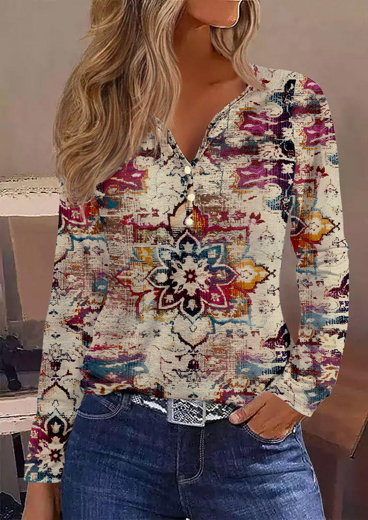 

Floral Button Notched Neck Blouse, Multicolor, SCM020951