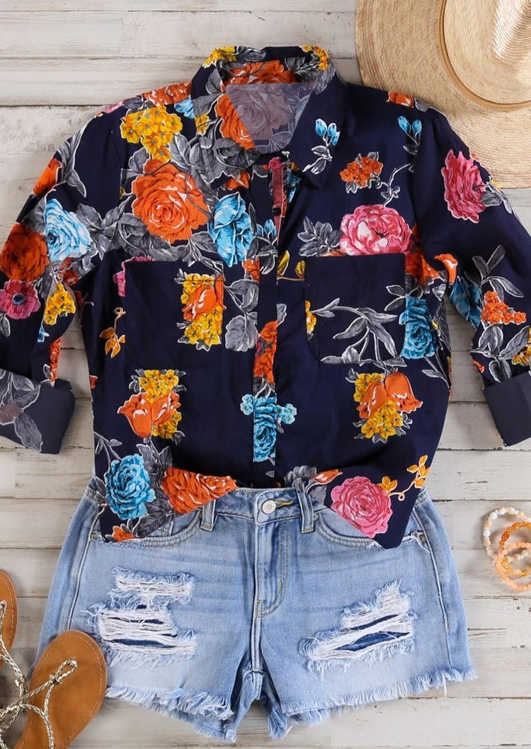 

Floral Button Long Sleeve Turn-Down Collar Shirt, Multicolor, SCM020981
