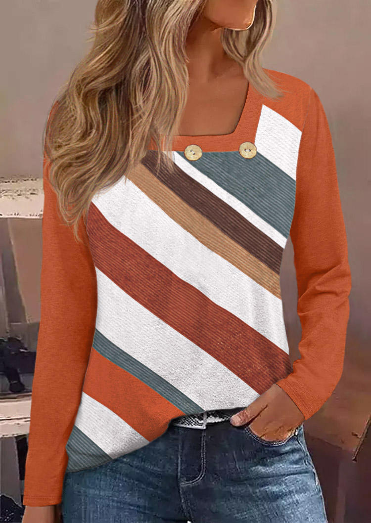 

Striped Color Block Button Ruffled Blouse - Orange, SCM020646