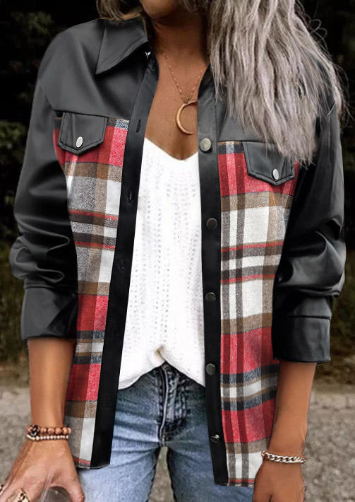 

Plaid Button Fake Pocket Turn-Down Collar Coat, Multicolor, SCM020767
