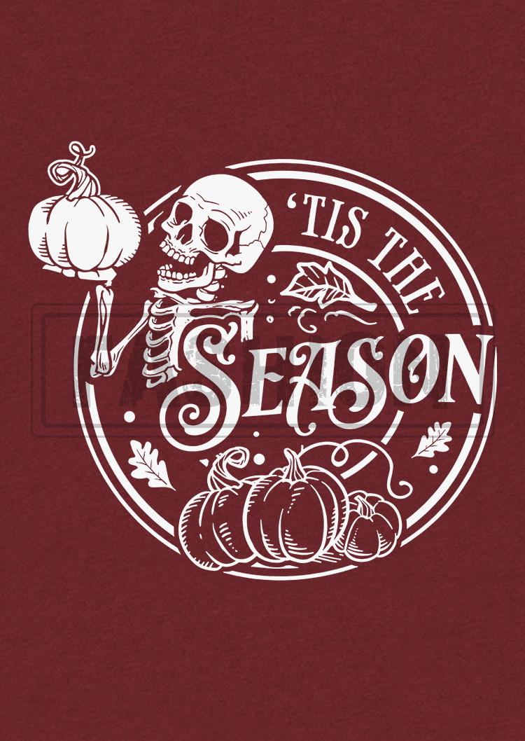 'Tis The Season Skeleton Pumpkin T-Shirt Tee - Burgundy