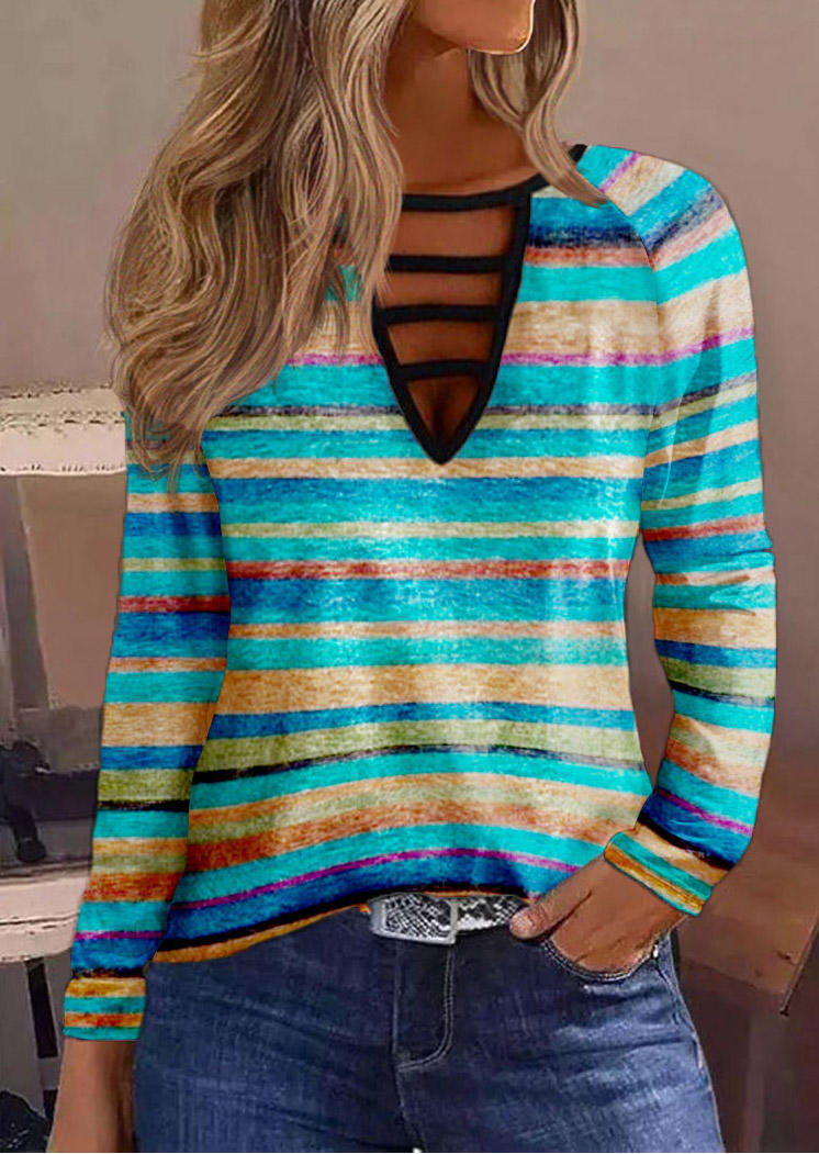 

Colorful Striped Hollow Out Long Sleeve Blouse, Multicolor, SCM021044
