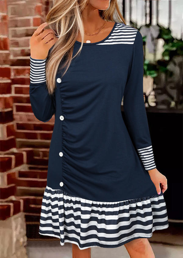 

Striped Button Long Sleeve Mini Dress - Deep Blue, SCM020757