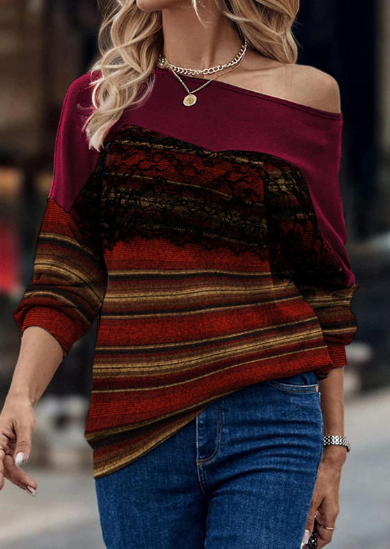 

Striped Lace Drop-Shoulder Blouse - Burgundy, Red, SCM020796
