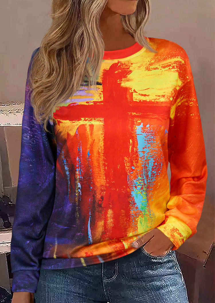 

Oil Painting Cross Drop Shoulder Sweatshirt, Multicolor, SCM020814