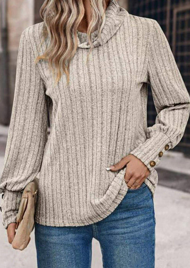 

Plain Textured Turtleneck Button Blouse - Camel, Khaki, SCM020859