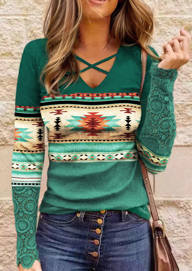 

Geometric Lace Splicing Criss-Cross Blouse - Green, SCM020909