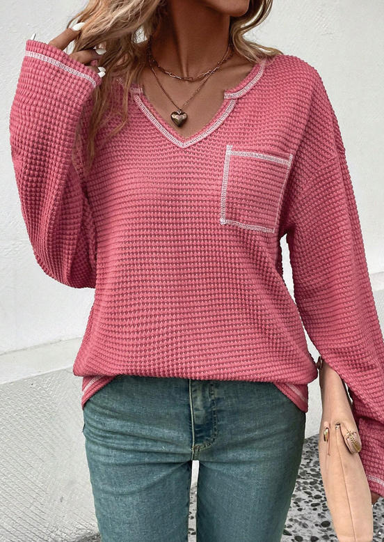 

Waffle Pocket Notched Neckline Drop Shoulder Blouse - Pink, SCM021038
