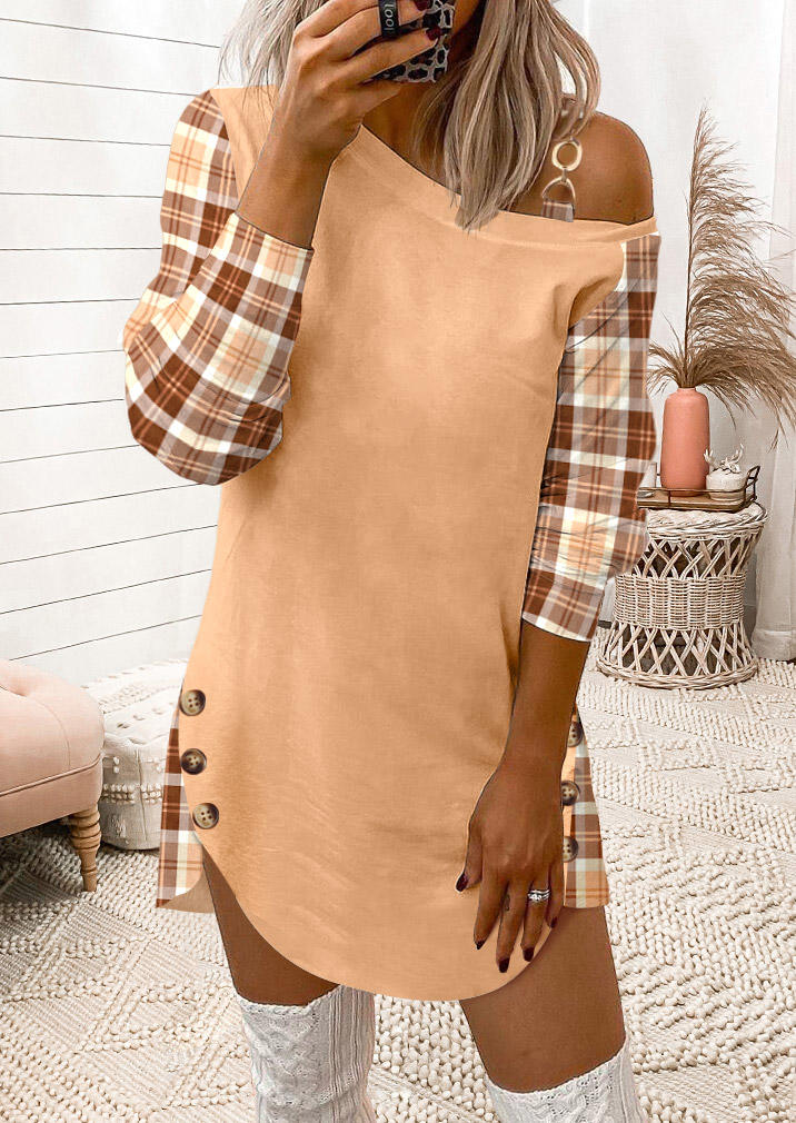 

Plaid Button Chain Strap One Sided Cold Shoulder Sweatshirt Dress, Multicolor, SCM020680