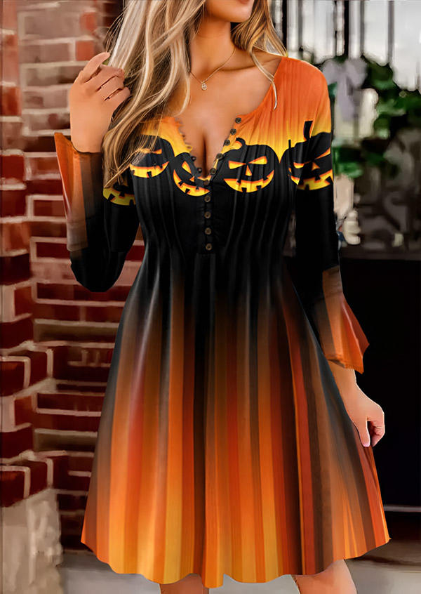 

Gradient Pumpkin Face Flare Sleeve Mini Dress - Orange, SCM020903